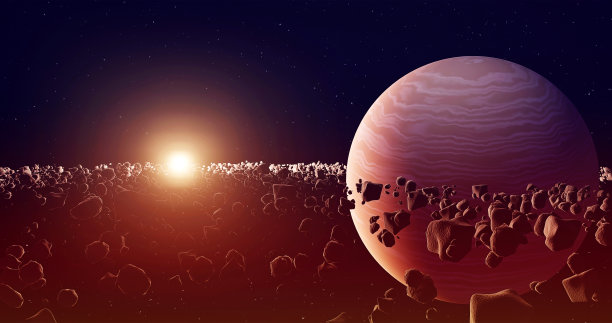 行星土星或木星特写，与环和太阳，3d插图图片下载