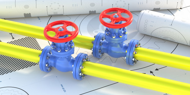 油气厂管道阀门。工业管路和阀门配红轮图纸，3d插图图片下载