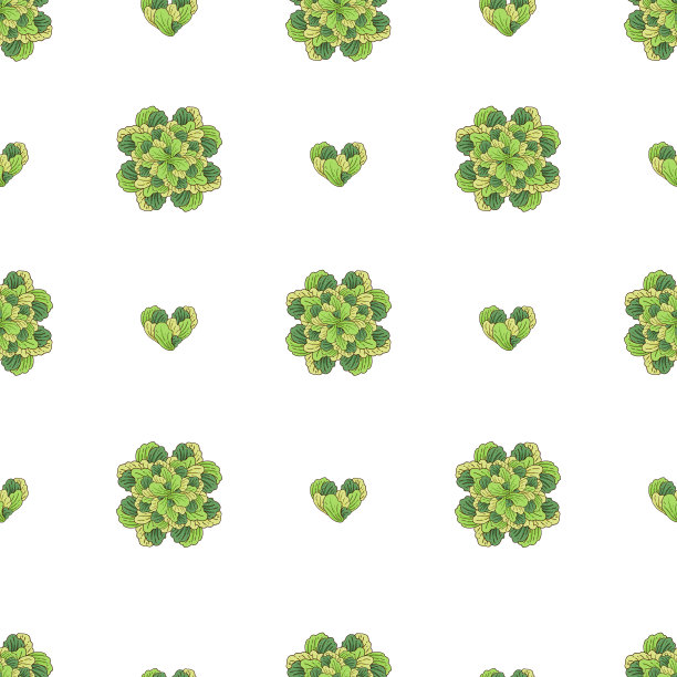 素食绿色矢量无缝模式与植物在形状的心脏和绿色束。图片下载