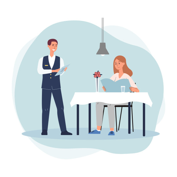 餐厅与女人点菜的服务员扁平图片下载