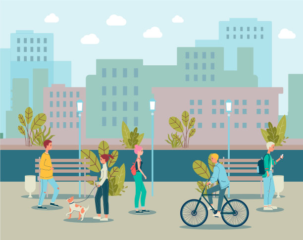 卡通人物在城市公园里散步-很现代图片下载