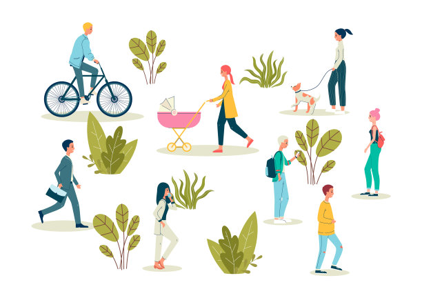 卡通人物在公园里散步-孤立的设定图片下载