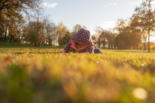 穿着粉红色毛衣的小女孩躺在秋天的草地上图片下载