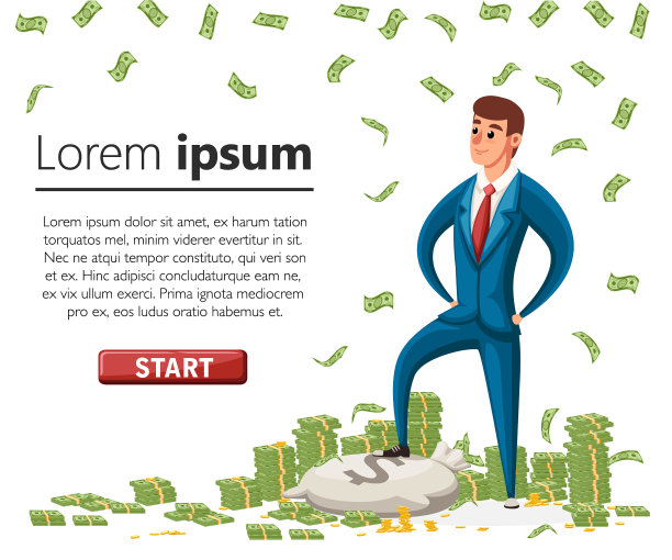 商人站在一堆钱的平地上图片下载