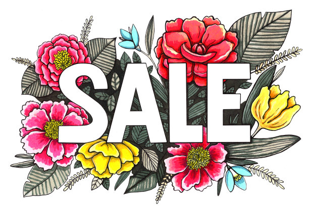 题词鲜花销售。水彩。美丽的颜色旗帜图片下载