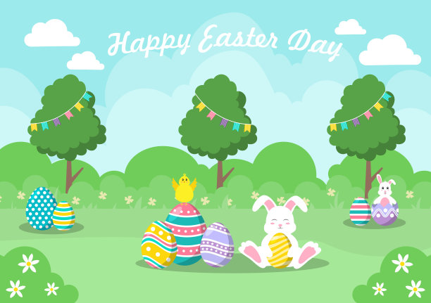 复活节快乐单位设计背景海报，请柬和贺卡。兔子和鸡蛋的概念。图片下载