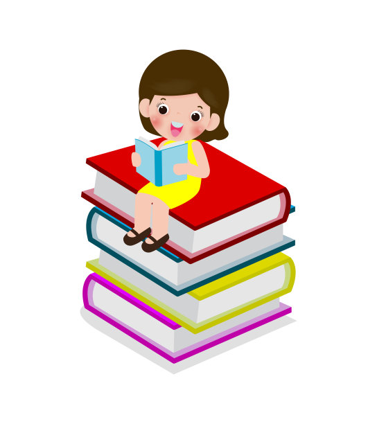 可爱的小女孩坐在一堆书上看书，快乐的小学生在一堆书上看书，孩子们回到学校的平面矢量插图孤立在白色的背景上图片下载