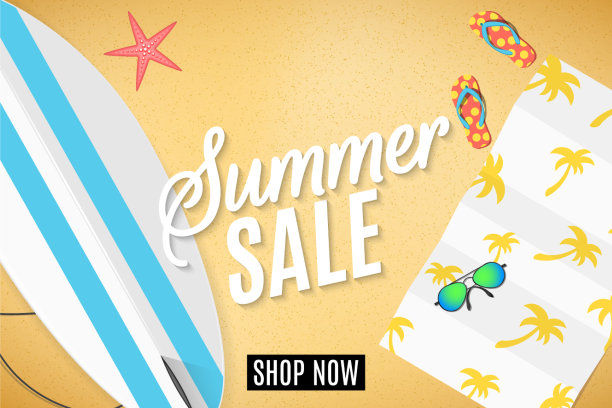 夏季销售网络旗帜冲浪板在海滩上图片下载