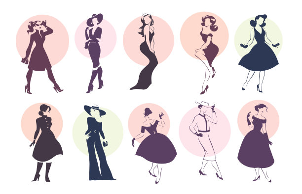 黑人妇女的全身式肖像剪影在不同的姿势孤立在白色背景。图片下载