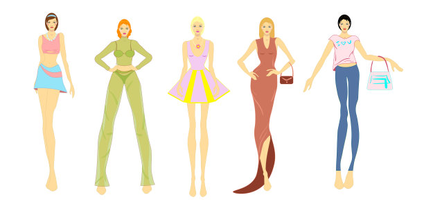 矢量时尚插画组的模特妇女，穿着时髦的衣服。图片下载