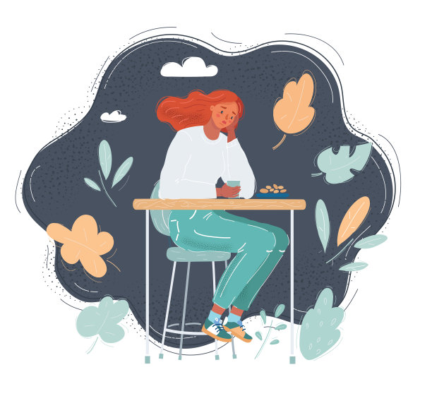 矢量插图的年轻女子坐在咖啡馆在黑暗的背景。图片下载