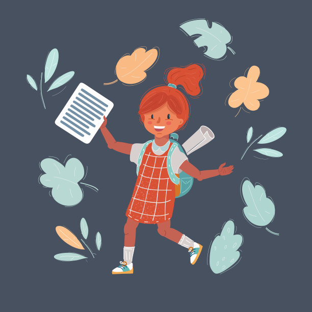 矢量插图的女孩与考试考试在她的手在黑暗的背景。女学生和背包。图片下载