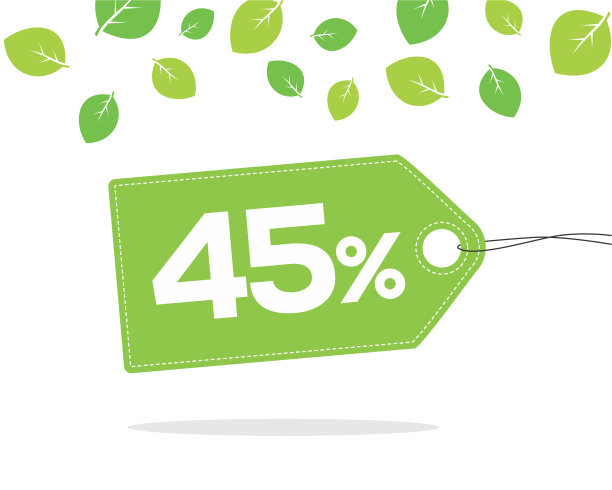 绿色的价格标签标签上有45%的文字和针脚，白色背景上有阴影和叶子。春季和夏季促销活动。图片下载