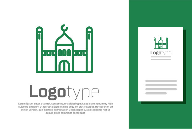 绿线穆斯林清真寺图标孤立在白色图片下载