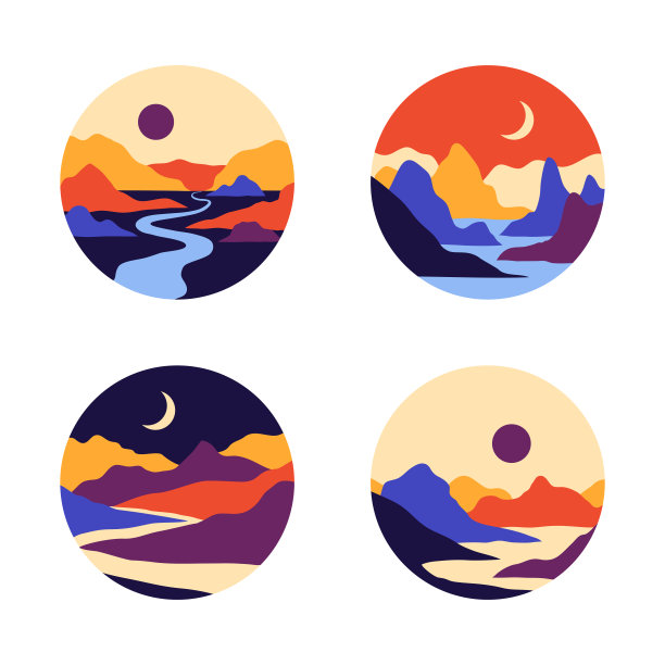 向量抽象当代美学的圆形图标或贴纸的风景与山，道路，日出，日落。波西米亚墙印花装饰在平坦的风格。中世纪现代极简主义艺术图片下载