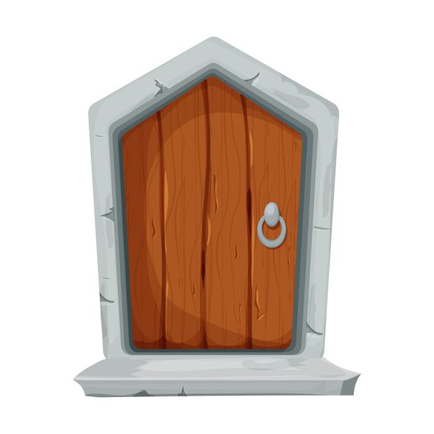 有趣的木门与石头卡通风格孤立在白色背景。ui游戏的小入口，资产。幻想建设、内部。图片下载