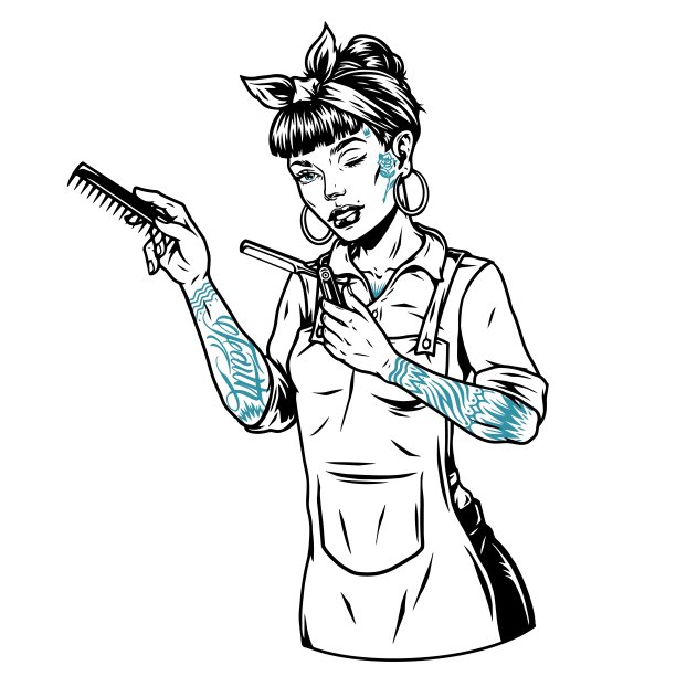 漂亮的眨眼纹身女理发师图片下载