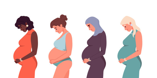 一套不同的孕妇服装，头巾，内衣。非裔美国人，阿拉伯妇女，白种人。年轻美丽的多民族母亲不同的民族。多样性、多种族社会。图片下载