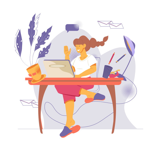 个体户或自由职业妇女在拖鞋工作在家笔记本电脑，平面矢量插图。图片下载