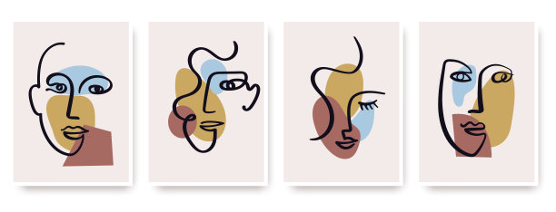 当代抽象的面孔在一条线的艺术风格上丰富多彩的形状。图片下载