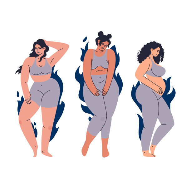 身着灰色紧身衣的各色女性。不同类型的年轻女性在蓝色火焰的背景下。向量集孕妇和超重妇女插图孤立在白色。图片下载