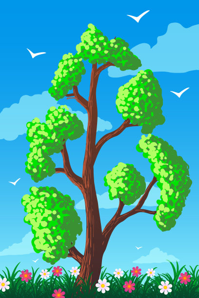 春天矢量插图树在草地上与蓝色的天空的花。图片下载