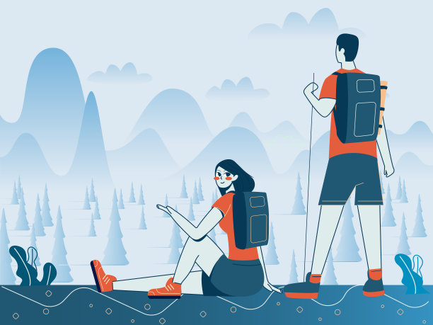 徒步旅行者们看着远处的山谷和群山。图片下载