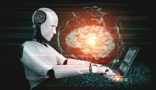 人形机器人使用笔记本电脑，坐在桌子前思考人工智能大脑的概念图片下载