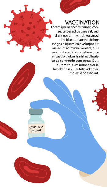 一个病毒突变，一个Covid-19疫苗的广告和故事垂直横幅。血细胞、血红细胞、病毒分子和文本所在。矢量手绘插图。图片下载