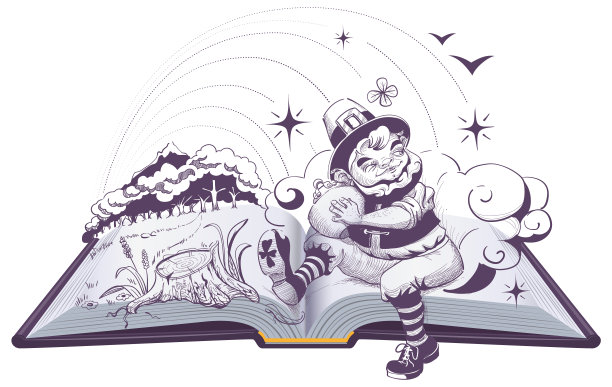 贪婪的小妖精帕特里克手里拿着一罐金子。开卷插图图片下载