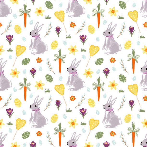 复活节无缝图案以兔子、鸡蛋、胡萝卜和春花为礼品纸图片下载