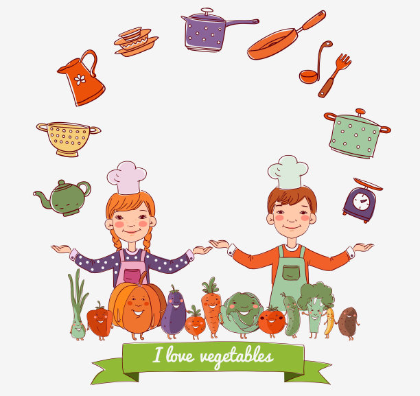 小女孩和小男孩带着新鲜蔬菜和厨房用具图片下载