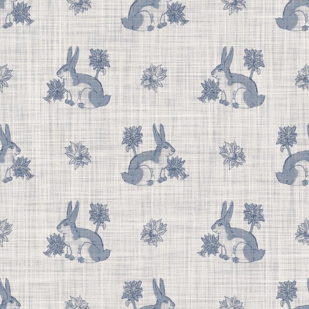 无缝法国农家兔子亚麻印花织物背景。普罗旺斯蓝色花纹纹理。破旧别致的编织背景风格。纺织品乡村scandi全印花效果。水彩颜料的主题图片下载