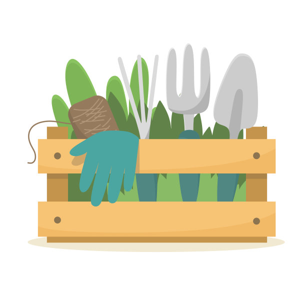 带工具和幼苗的花园箱。矢量插图。图片下载