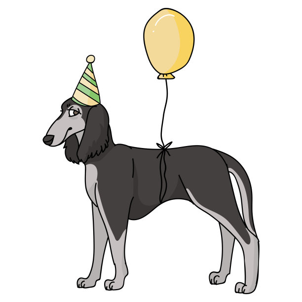 可爱的卡通萨卢基狗与派对帽子矢量剪贴画。纯种犬舍狗品种为狗爱好者。纯种家养庆祝插图吉祥物。隔离犬猎狼猎犬。每股收益10。图片下载