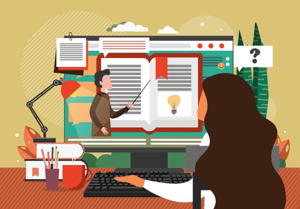 年轻女孩在家远程学习，办公室，平面矢量插图。在线教育，远程学习，网络研讨会。图片下载