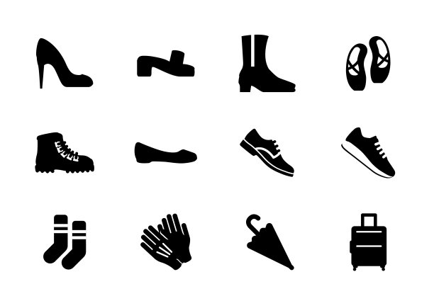 鞋子和配件矢量插图图标集。高跟鞋、凉鞋、靴子、芭蕾舞鞋、平底鞋、皮革、运动鞋、袜子、雨伞、手套、箱包等孤立符号集合图片下载