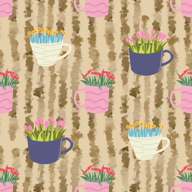 许多彩色的花朵在一个咖啡杯无缝模式。图片下载