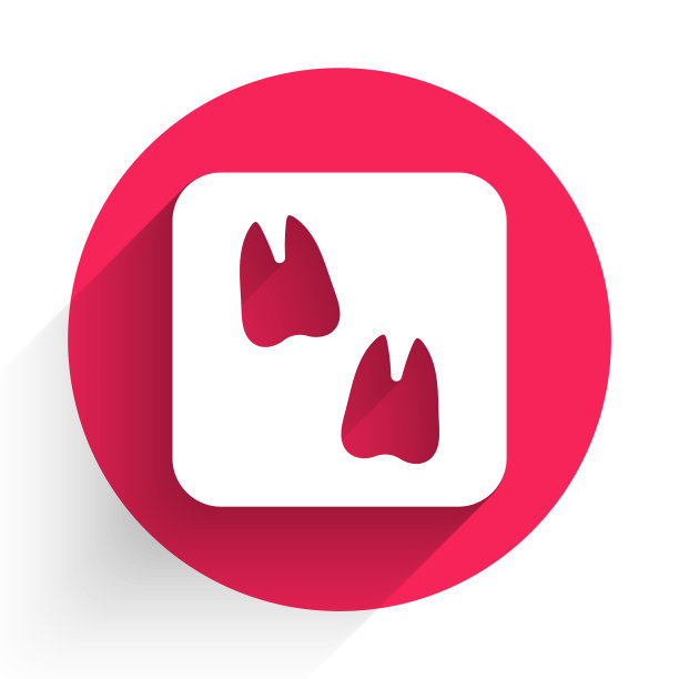 白色骆驼爪脚印图标孤立与长影子。红色圆圈按钮。向量图片下载