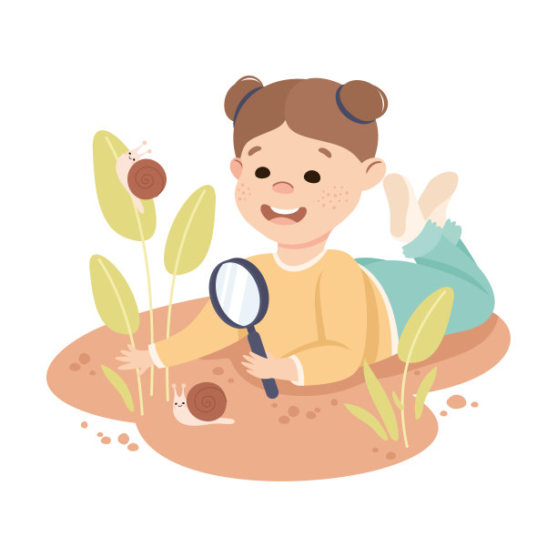 可爱的女孩躺在地上用放大镜看蜗牛，拯救世界，生态概念卡通矢量插画图片下载