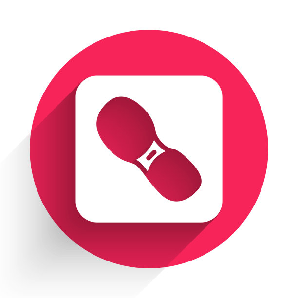 白色人类脚印鞋图标孤立与长影子。鞋鞋底。红色圆圈按钮。向量图片下载