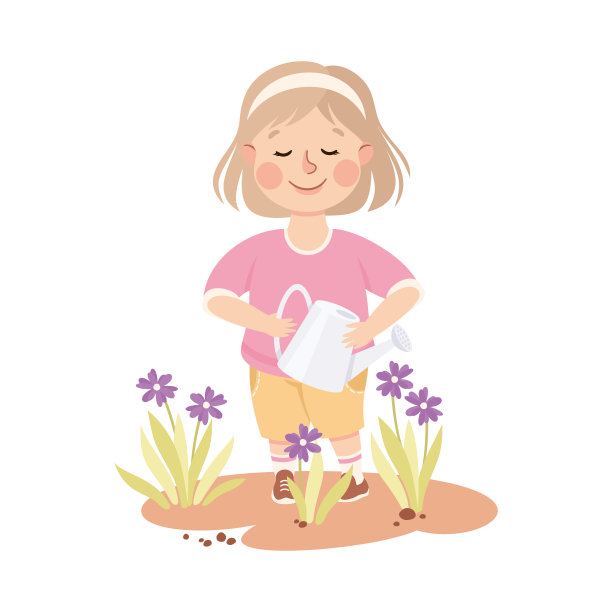 可爱的小女孩在花园里浇花，拯救世界，生态概念卡通矢量插画图片下载