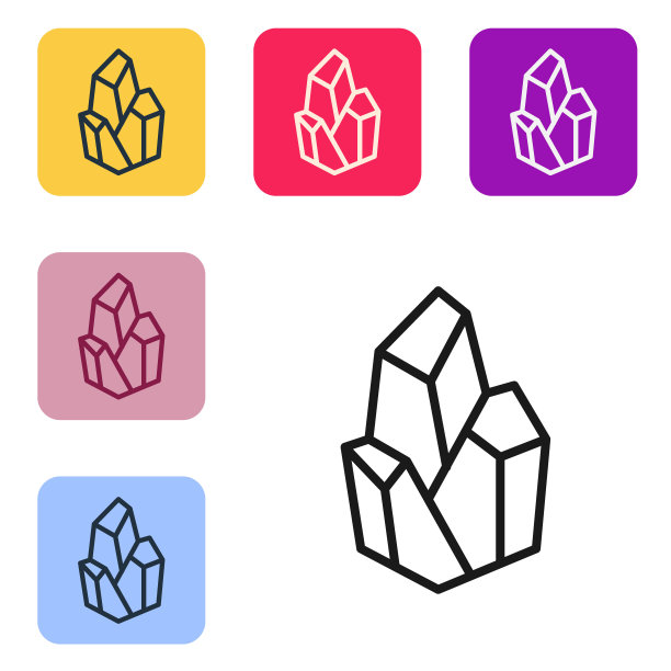 黑线魔法石图标孤立在白色背景。幻想水晶。珠宝宝石为游戏。设置图标的颜色方形按钮。向量图片下载