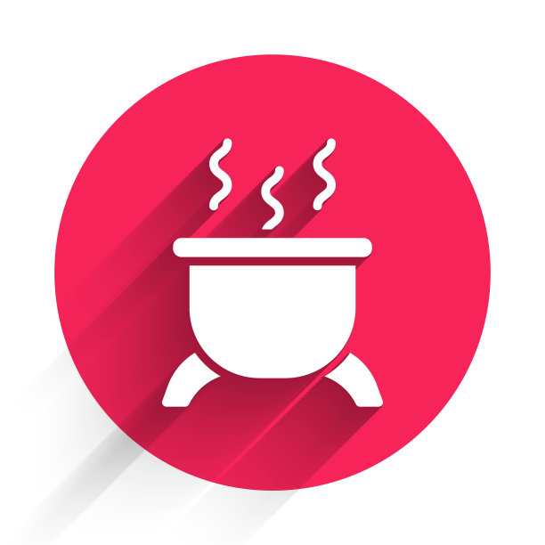 白色女巫坩埚icon孤立与长影子。快乐的万圣节派对。红色圆圈按钮。向量图片下载