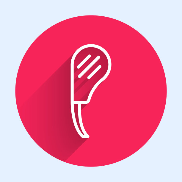 白线肋眼牛排图标孤立与长阴影。牛排战斧。块肉。红色圆圈按钮。向量图片下载