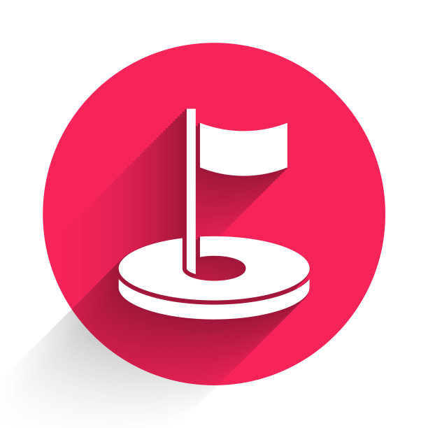 白色高尔夫球洞与旗帜图标孤立与长影子。红色圆圈按钮。向量图片下载