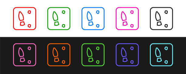 设置线人类脚印鞋图标隔离在黑色和白色背景。鞋鞋底。向量图片下载