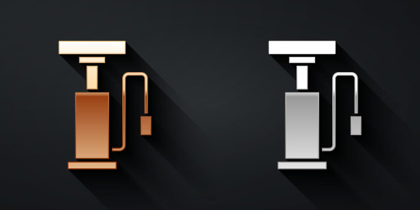 金色和银色自行车气泵图标孤立在黑色背景。长长的阴影风格。向量图片下载