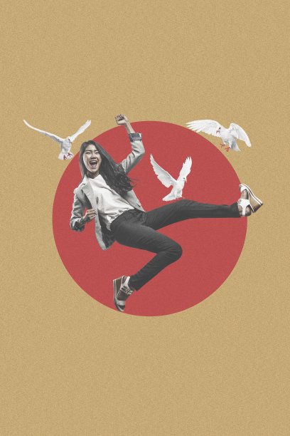 快乐女商人和鸟儿一起跳的拼贴画图片下载