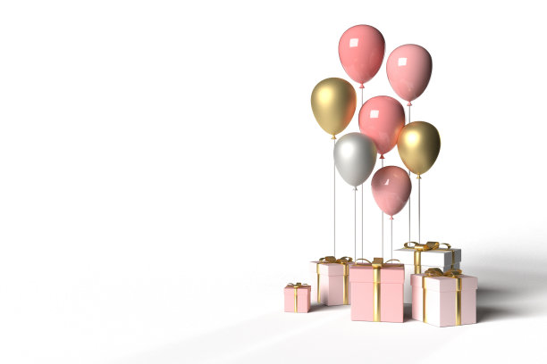 白色的背景，粉红色的礼物和气球为情人节图片下载